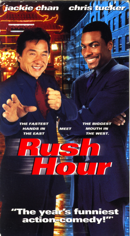 Rush Hour VHS cover. Action comedy thriller movie starring Jackie Chan, Chris Tucker. Directed by Brett Ratner. 1998.