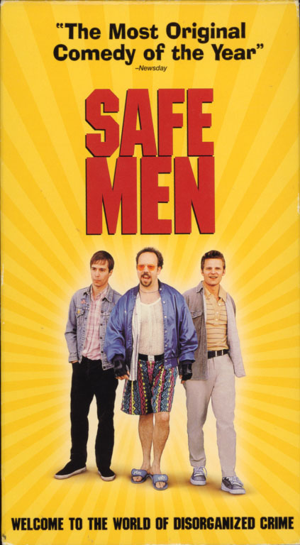 Safe Men VHS box cover. Comedy crime movie starring Sam Rockwell, Steve Zahn, Michael Lerner, Paul Giamatti. With Michael Schmidt, Josh Pais, Mark Ruffalo, Christina Kirk. Written and directed by John Hamburg. 1998.