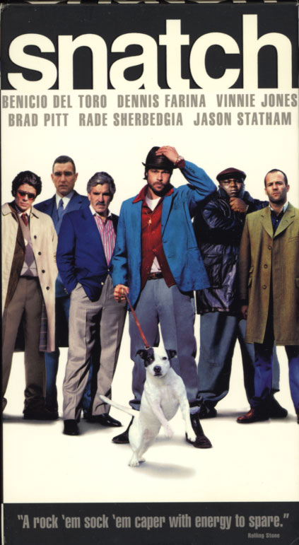 Snatch VHS box cover. Crime thriller movie starring Benicio Del Toro, Dennis Farina, Vinnie Jones, Brad Pitt, Rade Serbedzija, Jason Statham. Directed by Guy Ritchie. 2000.