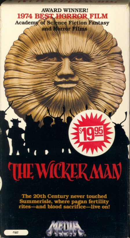 The Wicker Man VHS cover. Horror mystery cult classic movie starring Edward Woodward, Christopher Lee, Diane Cilento, Britt Ekland, Ingrid Pitt. Directed by Robin Hardy. 1973.