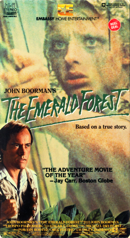John Boorman's The Emerald Forest on VHS. Action, adventure, drama movie starring Powers Boothe, Charley Boorman, Meg Foster, Estee Chandler. Directed by John Boorman. 1985.