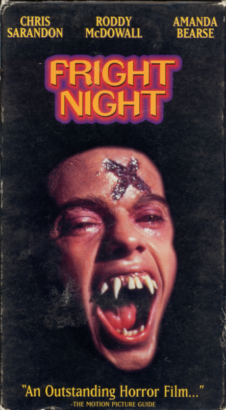 Fright Night on VHS. 1980s horror comedy vampire movie starring Chris Sarandon, William Ragsdale, Amanda Bearse, Roddy McDowall, Stephen Geoffreys. Written and directed by Tom Holland. 1985.