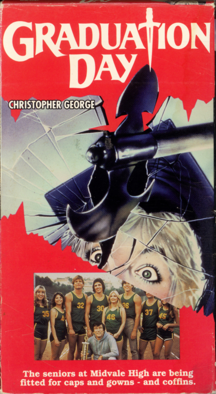 Graduation Day on VHS video. Horror movie starring Christopher George, Patch Mackenzie, E. Danny Murphy, E.J. Peaker, Michael Pataki. With Linnea Quigley, Vanna White. Directed by Herb Freed. 1981.