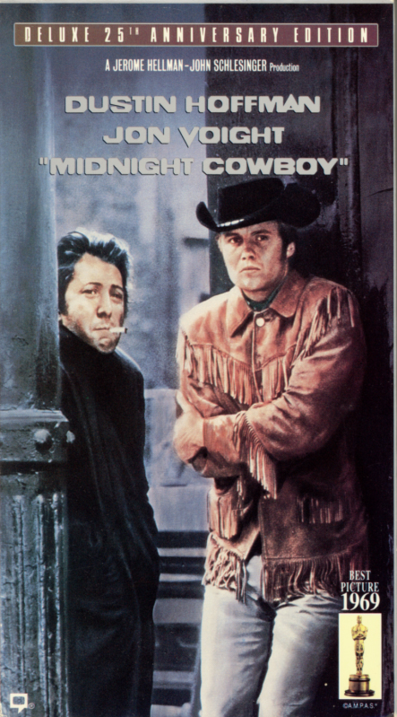 Midnight Cowboy VHS cover. Movie starring Dustin Hoffman, Jon Voight. With Brenda Vaccaro, John McGiver, Sylvia Miles, Ruth White, Barnard Hughes. Directed by John Schlesinger. 1969.