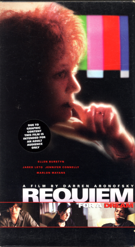 Requiem for a Dream VHS cover art. A 'For Your Consideration' copy with different cover. Movie starring Ellen Burstyn, Jared Leto, Jennifer Connelly, Marlon Wayans, Christopher McDonald. Based on the novel by Hubert Selby Jr. Directed by Darren Aronofsky. 2000.