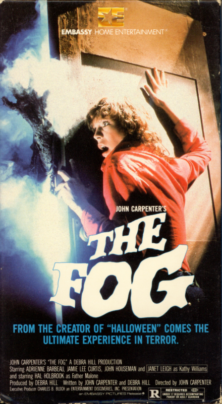 John Carpenter's The Fog on VHS. Horror movie starring Adrienne Barbeau, Jamie Lee Curtis, Janet Leigh, Hal Holbrook, John Houseman. Directed by John Carpenter. 1980.