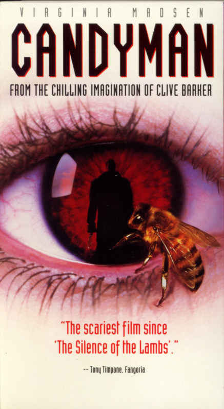 Candyman on VHS. Horror movie starring Virginia Madsen, Xander Berkeley, Tony Todd, Kasi Lemmons. Based on "The Forbidden" by Clive Barker. Directed by Bernard Rose. 1992.