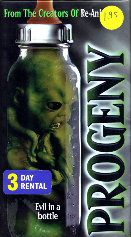 Progeny on VHS. Horror movie starring Arnold Vosloo, Jillian McWhirter, Brad Dourif. Directed by Brian Yuzna. 1998.
