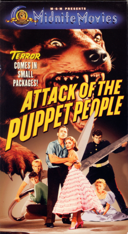 Attack of the Puppet People on VHS. Movie starring John Agar, John Hoyt, June Kenney, Susan Gordon, Michael Mark, Jack Kosslyn. Directed by Bert I. Gordon. 1958.