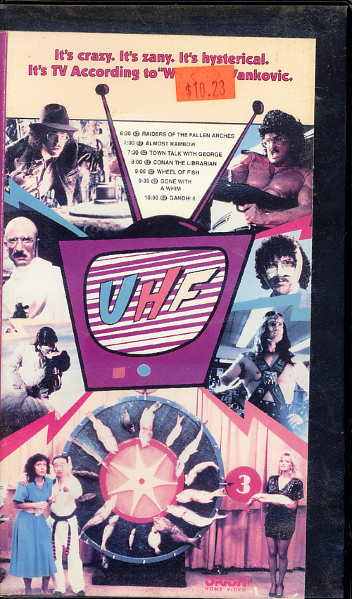 UHF VHS cover art. Starring 'Weird Al' Yankovic, Kevin McCarthy, Michael Richards, David Bowe, Victoria Jackson. With Billy Barty, Fran Drescher, Trinidad Silva. Directed by Jay Levey. 1989.