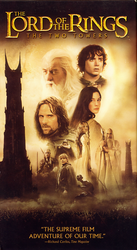 The Lord of the Rings: The Two Towers on VHS. Starring  Elijah Wood, Ian McKellen, Viggo Mortensen. With Christopher Lee, Brad Dourif, Sean Astin, Bruce Allpress, Andy Serkis. Directed by Peter Jackson. 2002.