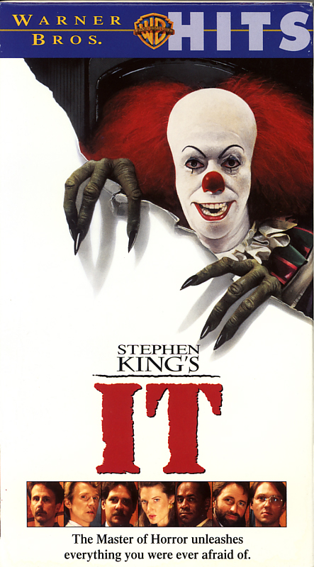 Stephen King's It on VHS video. Starring Richard Thomas, Tim Reid, Annette O'Toole, Tim Curry, Richard Masur, John Ritter, Harry Anderson, Dennis Christopher. Directed by Tommy Lee Wallace. 1990.