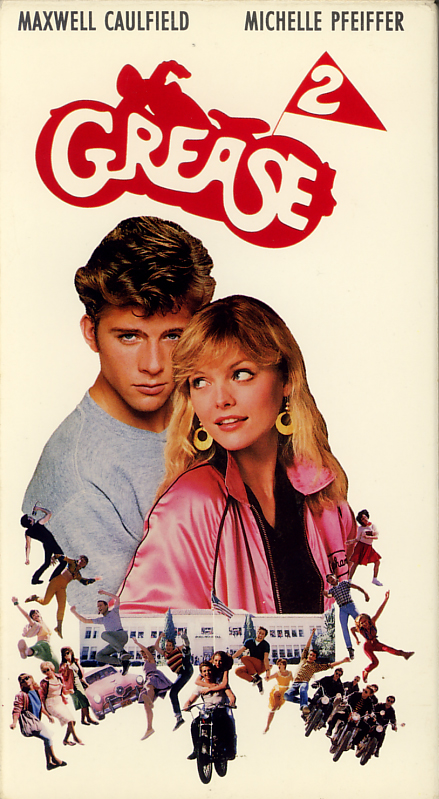 Grease 2 on VHS. Movie starring Michelle Pfeiffer, Maxwell Caulfield, Adrian Zmed. With Tab Hunter, Sid Caesar, Eve Arden, Didi Conn, Christopher McDonald, Lorna Luft, Maureen Teefy. Directed by Patricia Birch. 1982.