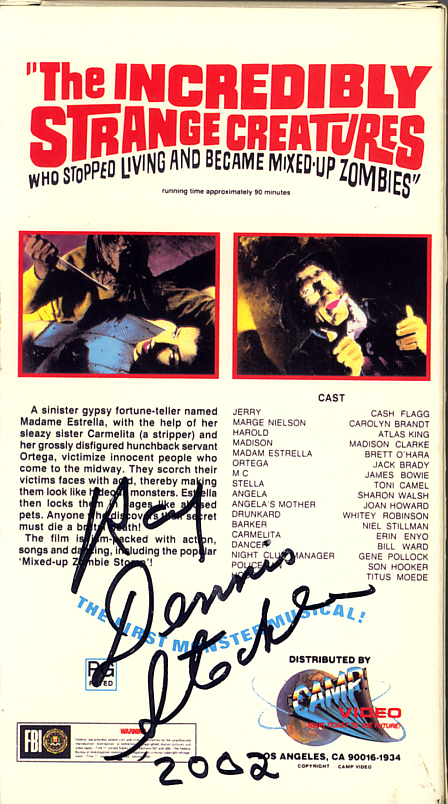 Ray Dennis Steckler autograph from The Incredibly Strange Creatures Who Stopped Living and Became Mixed-Up Zombies VHS movie box