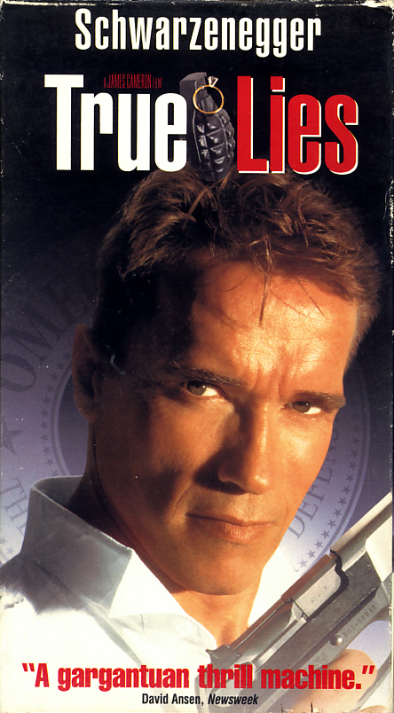 True Lies on VHS video. Movie starring Arnold Schwarzenegger, Jamie Lee Curtis, Tom Arnold, Bill Paxton, Tia Carrere, Art Malik, Eliza Dushku, Grant Heslov, Charlton Heston. Directed by James Cameron. 1994.