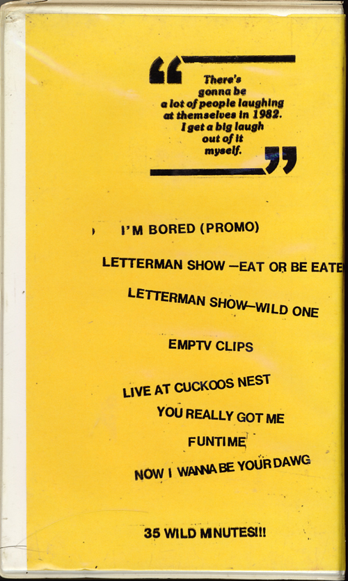 Iggy Pop on VHS. Starring Iggy Pop, David Letterman. 1980s. Back cover song listings.