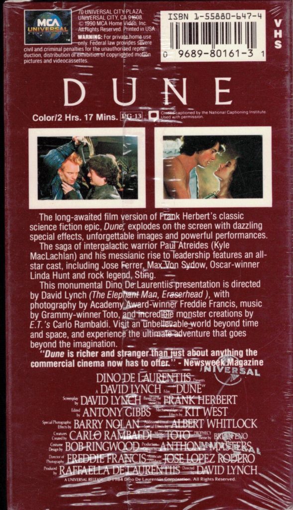 David Lynch's Dune VHS back cover