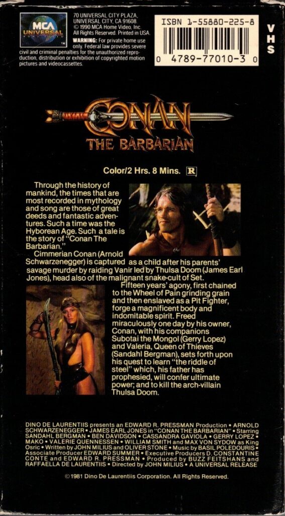 Conan the Barbarian VHS box back art cover scan. 1982 movie.