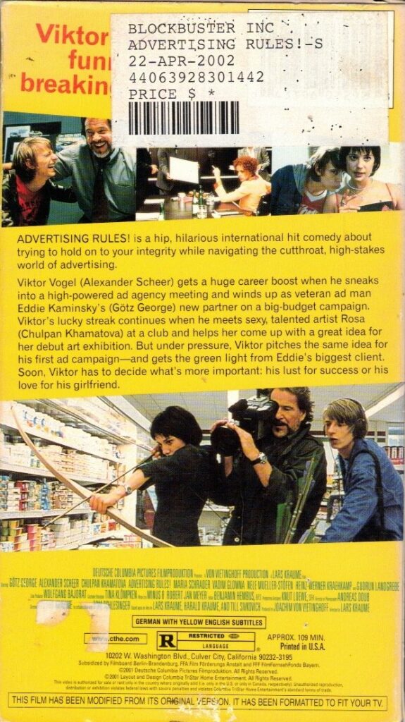 Advertising Rules! VHS back cover art scan. Movie starring Alexander Scheer, Chulpan Khamatova, Götz George. Former Blockbuster Video rental.